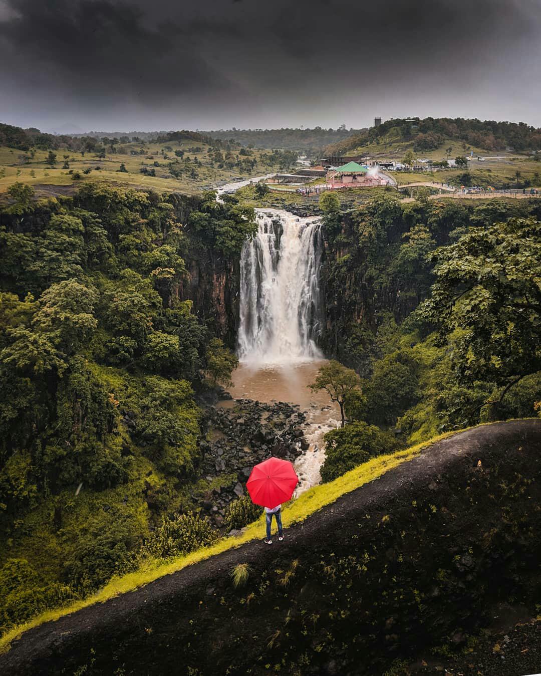 Trek trail and safety barriers at Patalpani Waterfall viewpoint