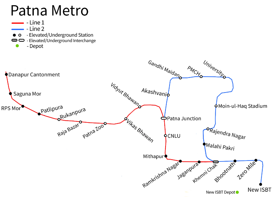 Patna Metro route map showing both corridors