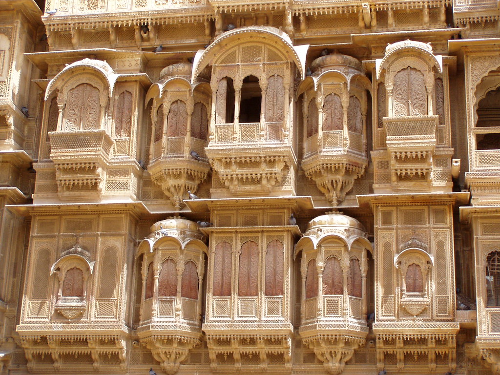Carved balconies and stone jharokhas at Patwon Ki Haveli