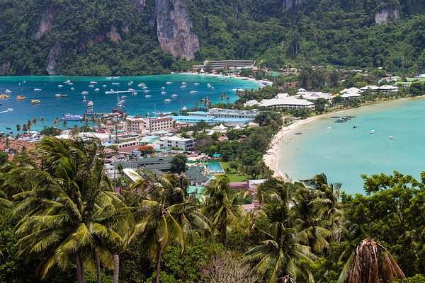Aerial view of Phi Phi Don Island with turquoise waters and limestone cliffs