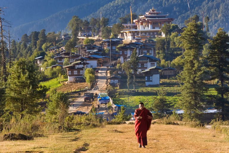 Panoramic view of Phobjikha Valley with marshlands and surrounding hills