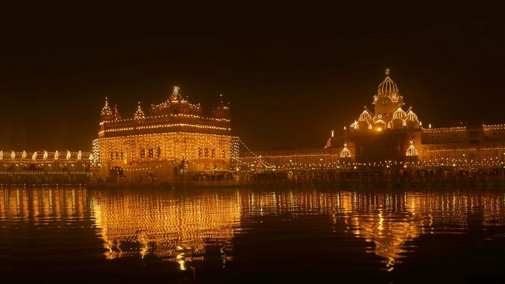 Night photography view in Amritsar with lit temple surroundings