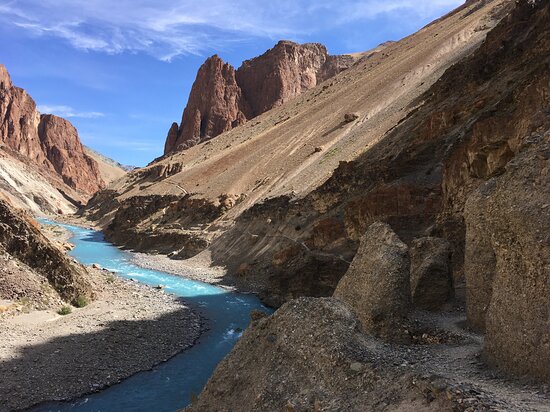 View from Phugtal Monastery showing Lungnak River gorge and Zanskar valley landscape below