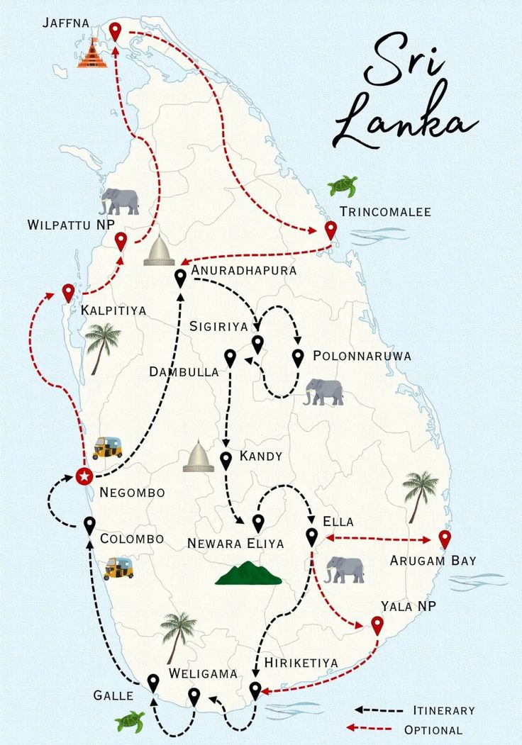 Illustrated Sri Lanka itinerary route map covering culture, hills, and beaches