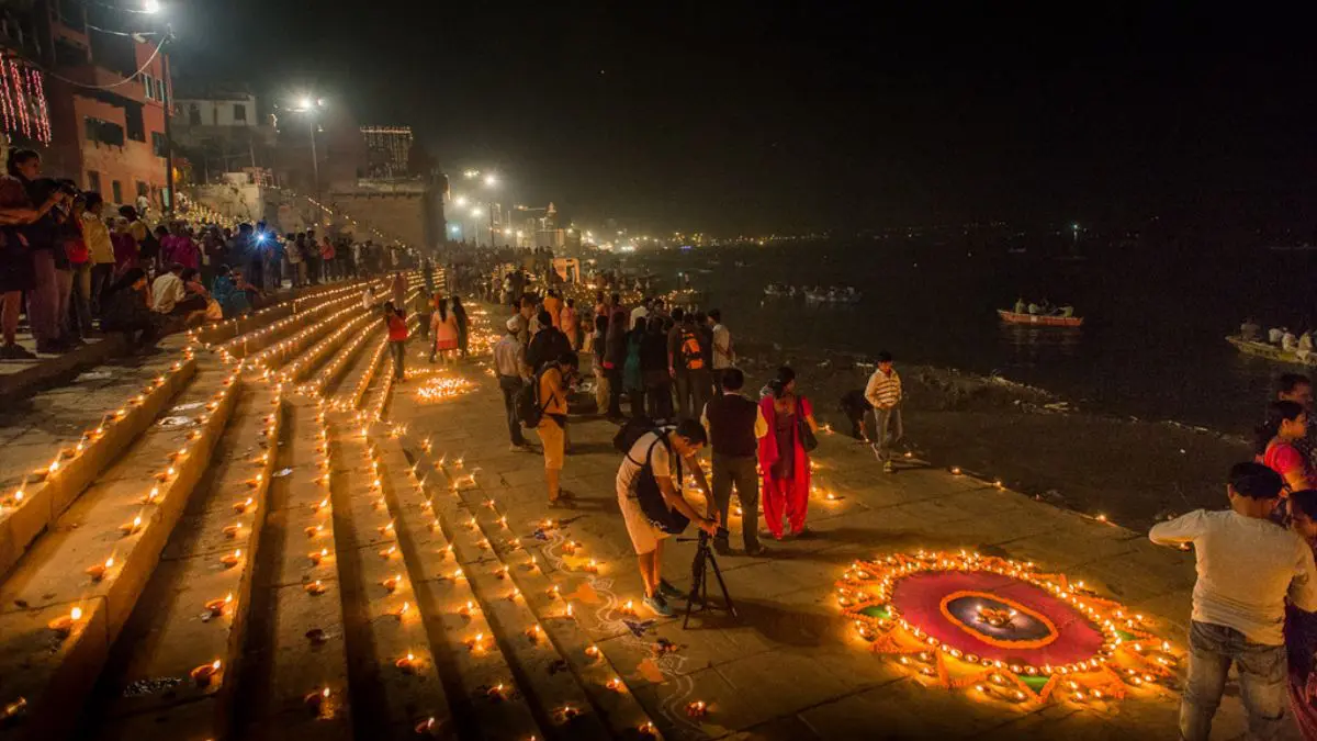 Varanasi Ganga ghat illuminated with thousands of diyas during Dev Deepawali Diwali celebrations