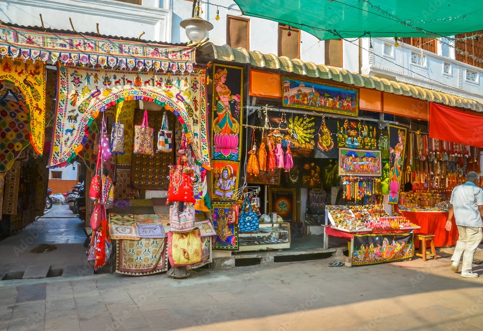Colorful market lane in Pushkar with local shops