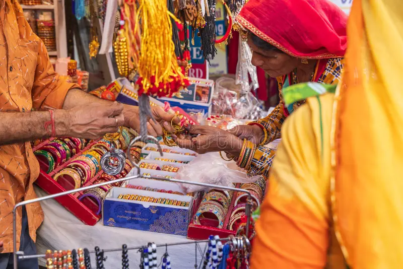 Traditional jewelry and accessory stall in Pushkar bazaar