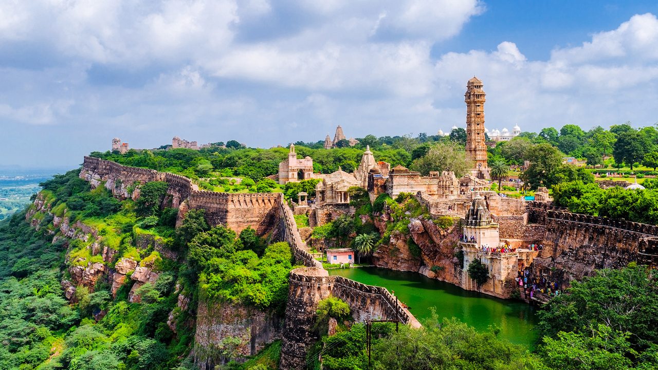 Panoramic view of Chittorgarh Fort walls and hilltop complex