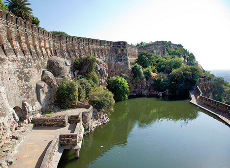 Gaumukh reservoir inside Chittorgarh Fort showing historic water system