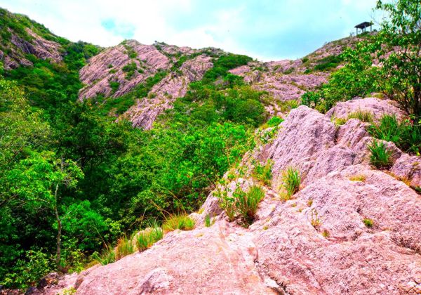 Rose Quartz Mountain showing pink quartz formations and forest