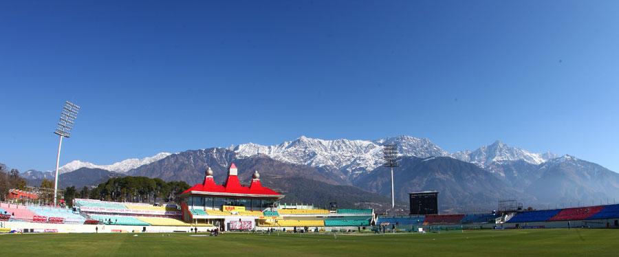 HPCA cricket stadium with Dhauladhar mountains in Dharamshala