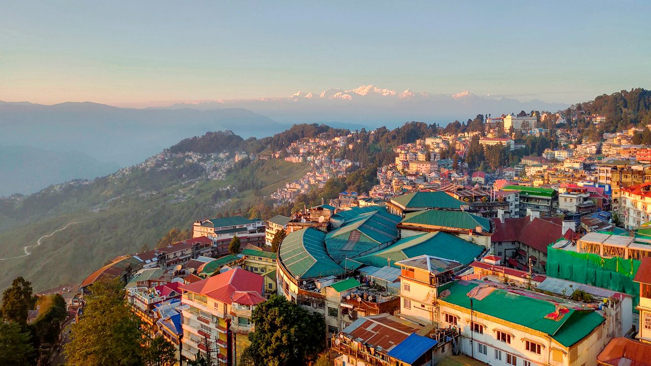 Panoramic city view of Gangtok with mountain backdrop