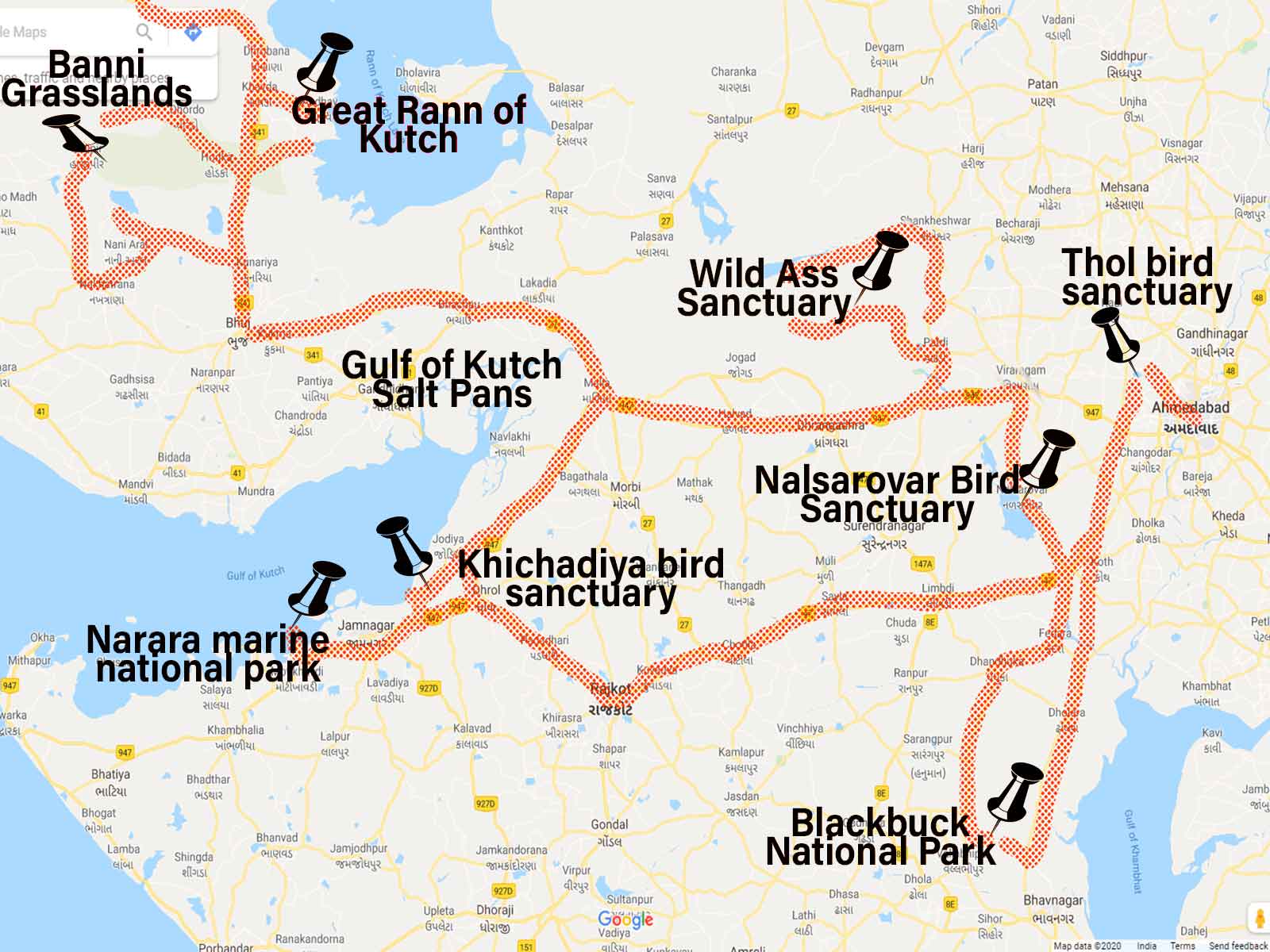 Monsoon route planning map style for Gujarat