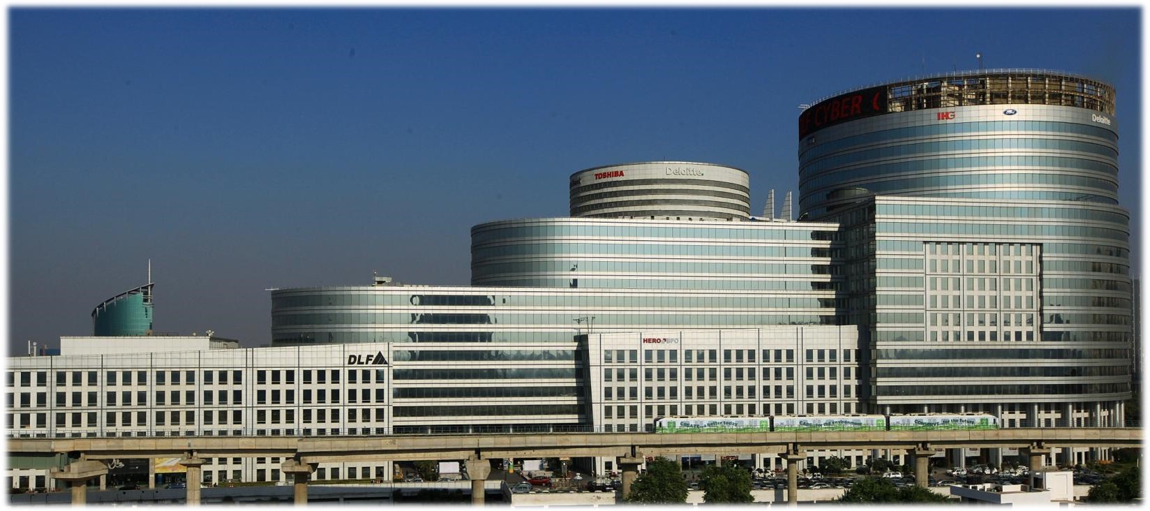 Skyline and urban boulevard view in Gurugram Cyber City