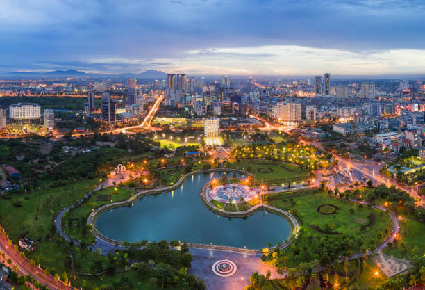 Hanoi city overview with old quarter and lake district atmosphere