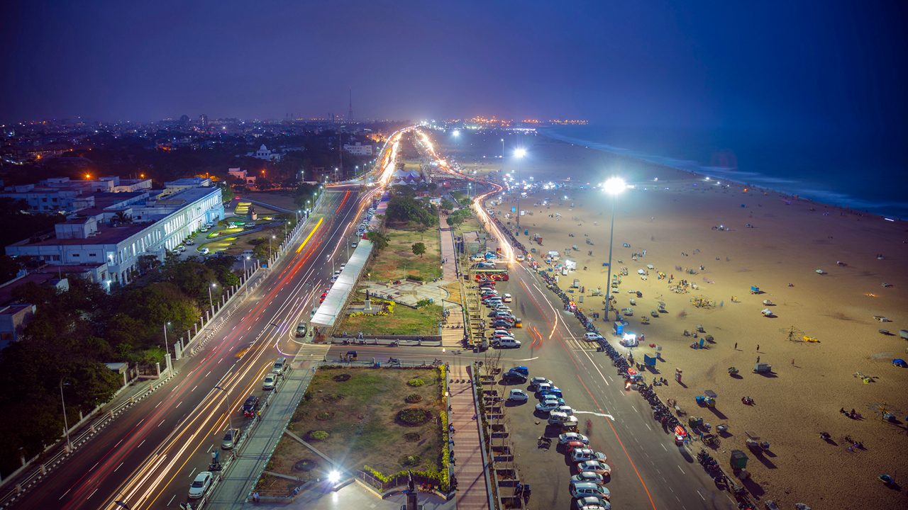 Marina Beach Chennai coastline with golden sands and waves