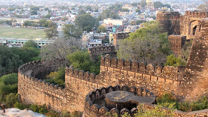 Jhansi city heritage skyline with fort and old town architecture
