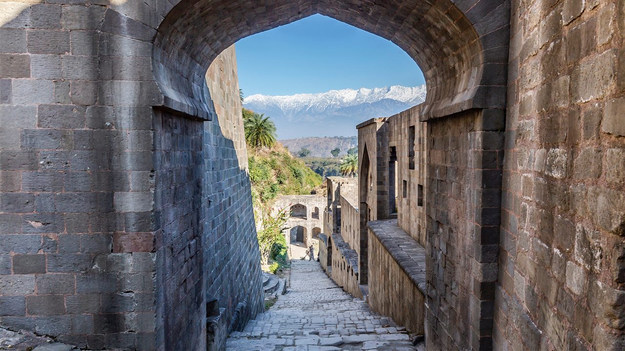 Kangra Fort viewpoint with valley and mountain panorama