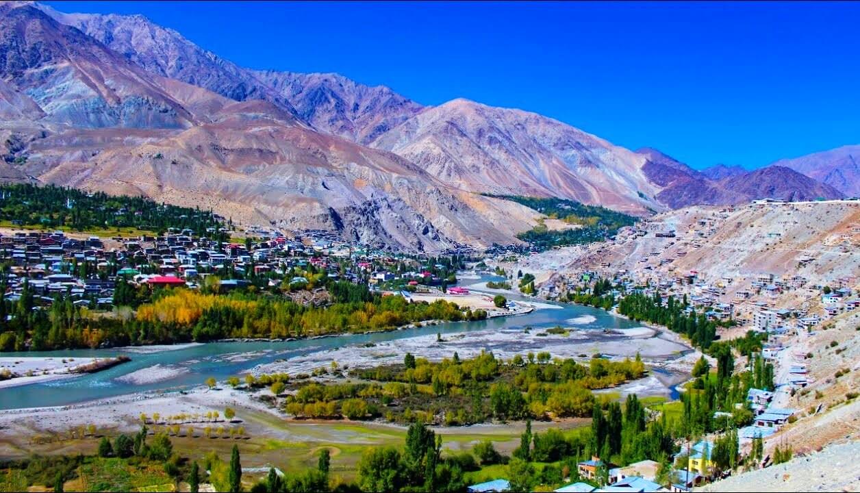 Mountain town view and river corridor in Kargil Ladakh