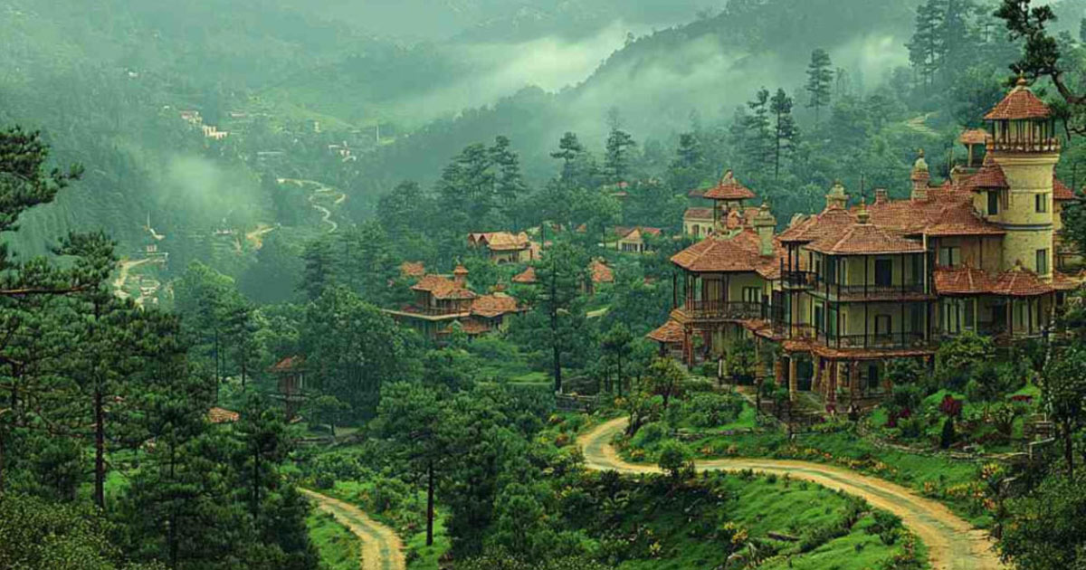 Quiet colonial lane and pine trees in Kasauli hill town