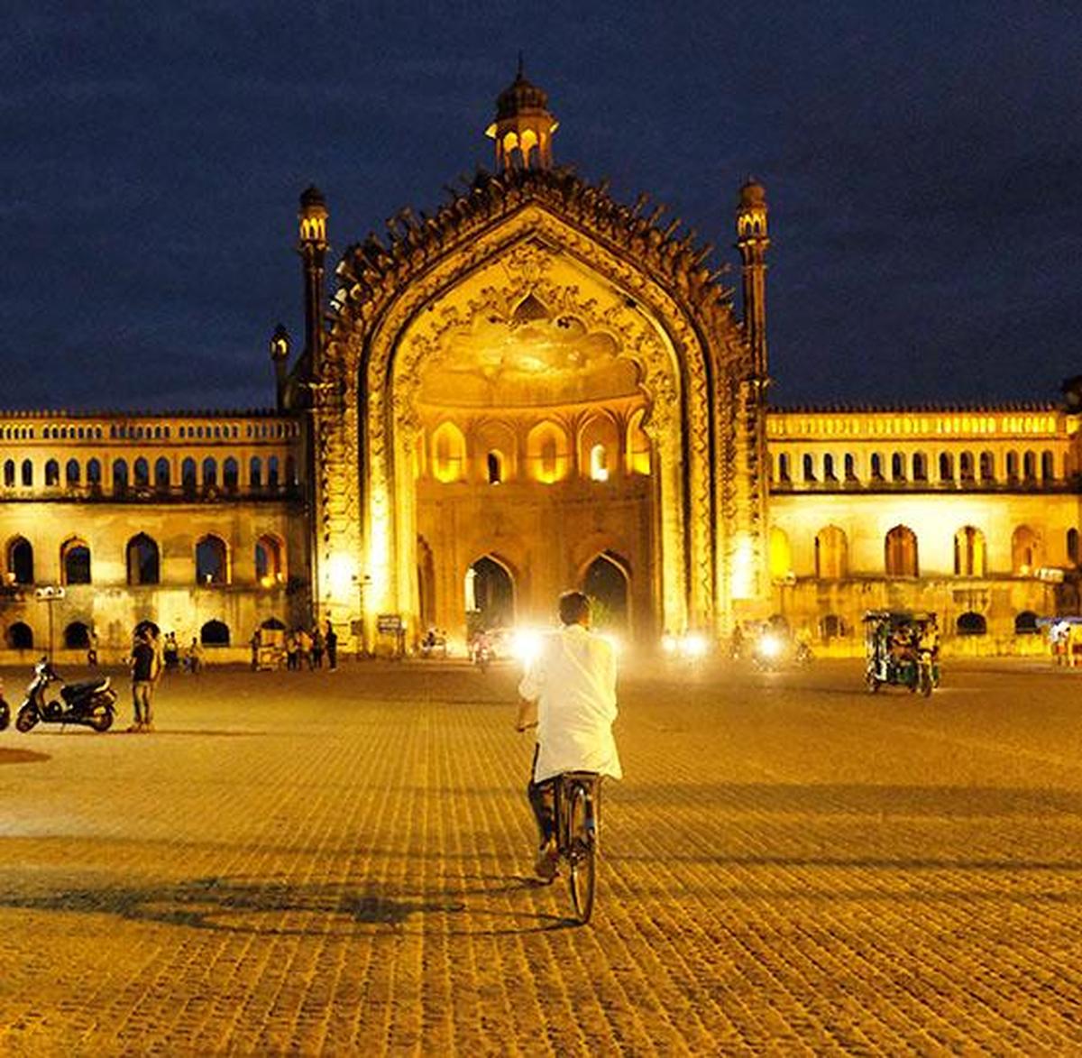 Illuminated evening view of Rumi Darwaza in Lucknow