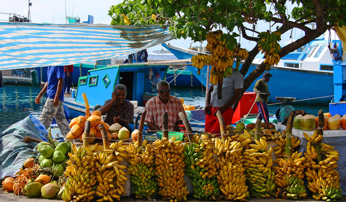Busy market street on Majeedhee Magu in Male