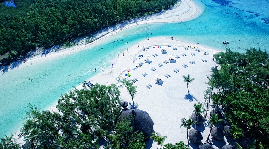 Turquoise lagoon and boats near Ile aux Cerfs Mauritius