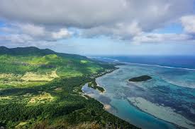 Aerial coastline view of Mauritius with turquoise water and reefs