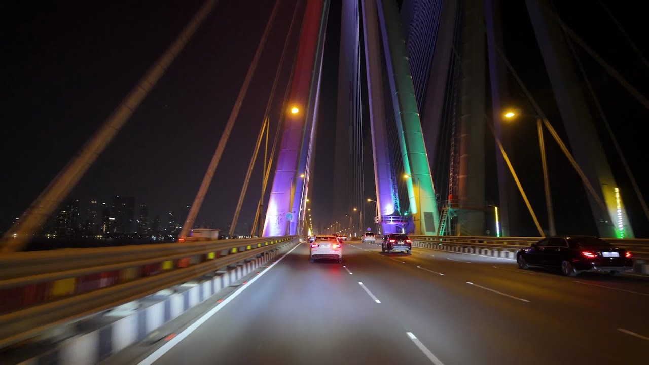 Bandra Worli Sea Link lit up at night from Bandra side
