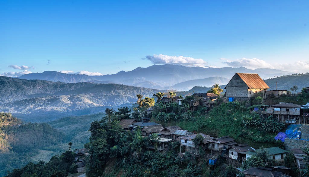 Mon district village landscape in rainy weather