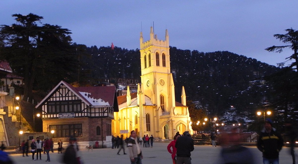 Shimla Ridge with colonial buildings and mountain backdrop