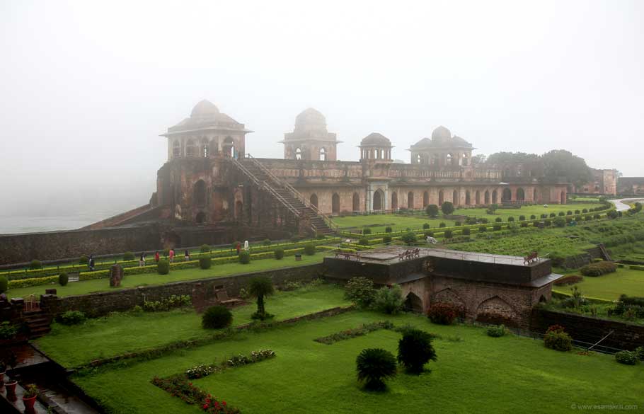 Historic Mandu monuments with monsoon clouds near Indore