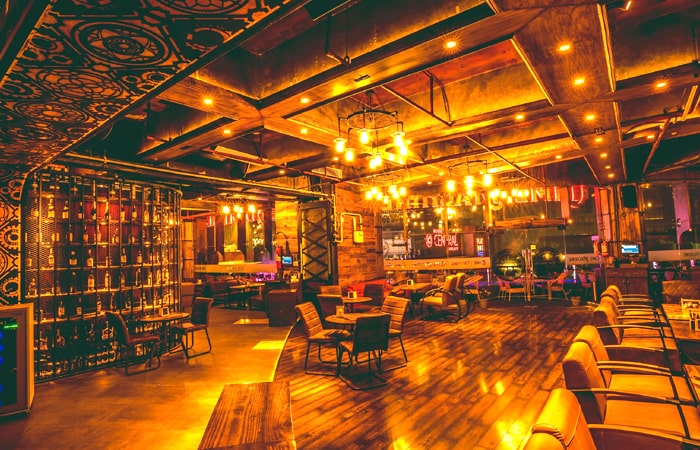 Noida nightlife district with lit restaurants and cafes