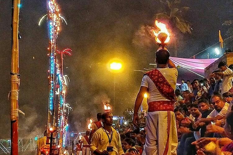 Evening riverfront activity at Gandhi Ghat in Patna