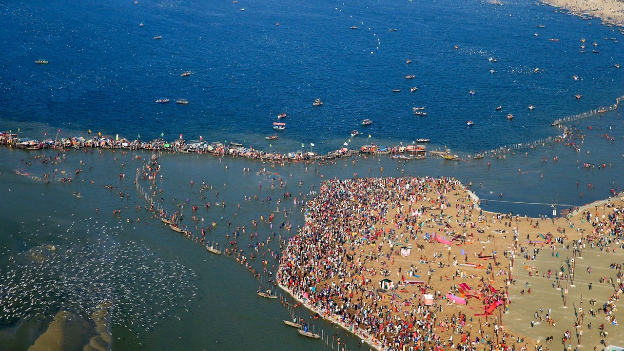Triveni Sangam confluence of Ganges and Yamuna rivers in Prayagraj