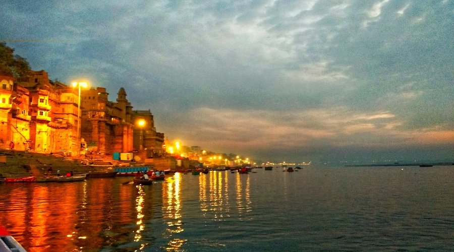 Sacred ghats along the Ganges River in Varanasi at sunrise