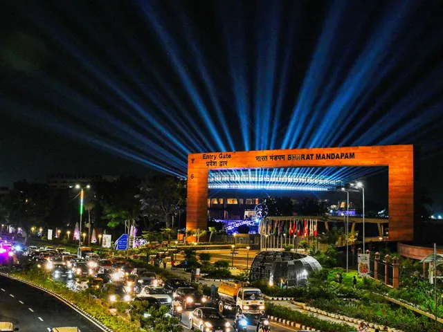 Evening exterior view of Pragati Maidan complex