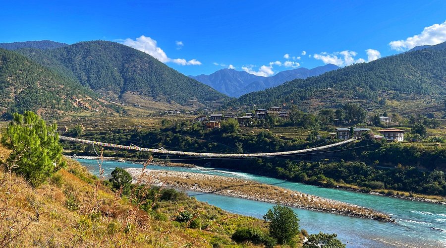 Punakha suspension bridge above river