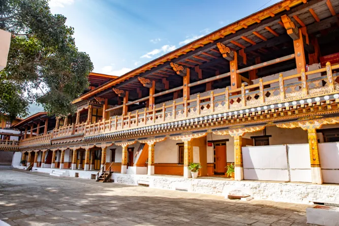 Courtyard architecture details at Punakha Dzong