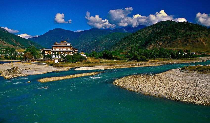 Riverside view of Punakha Dzong in Bhutan