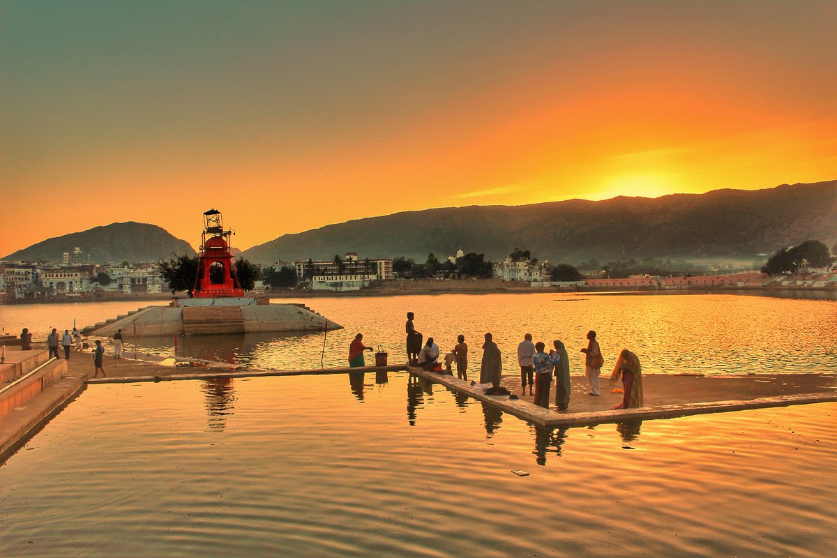 Sunrise view at Pushkar Lake and ghats