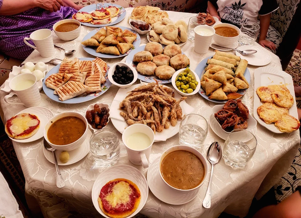 Traditional Iftar spread with various dishes