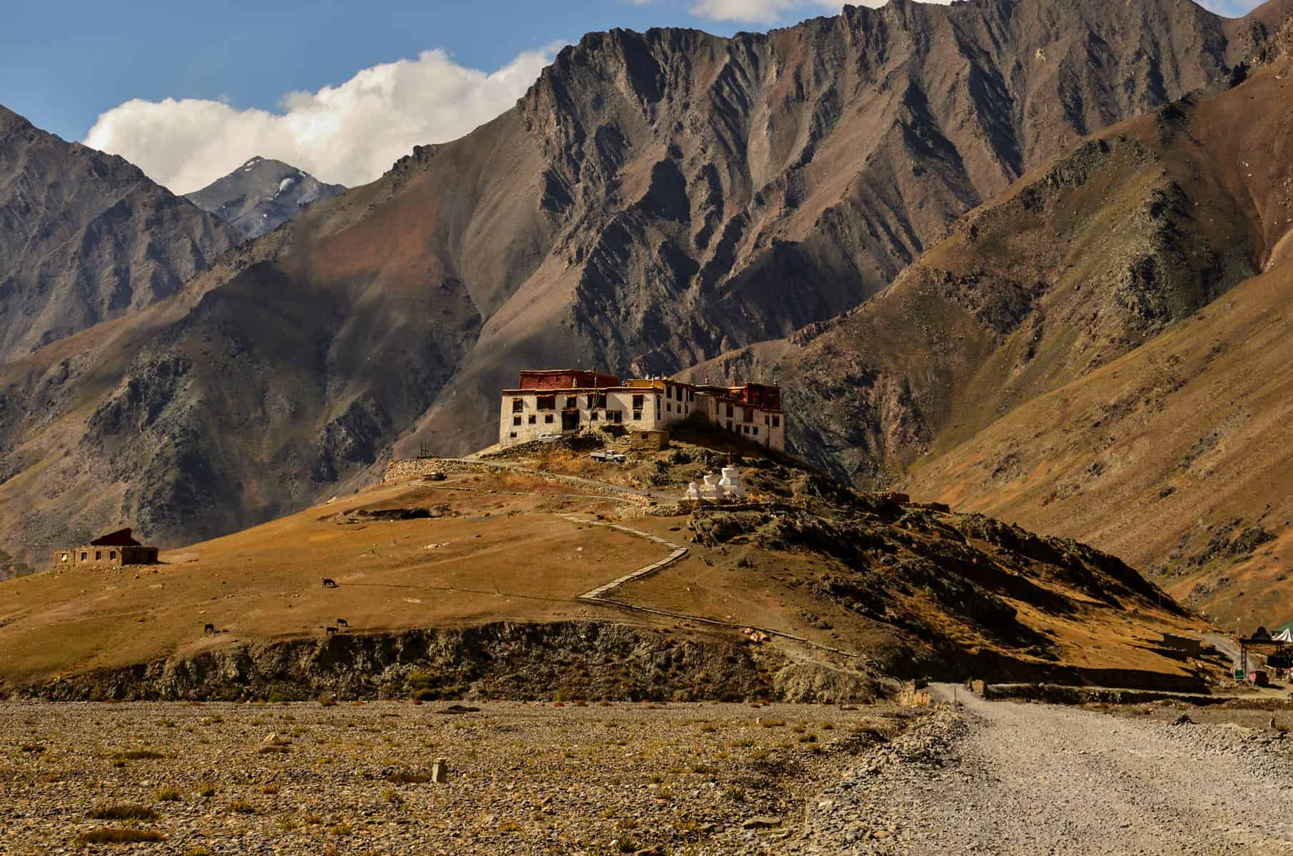Beautiful summer views of Rangdum Monastery with clear blue skies