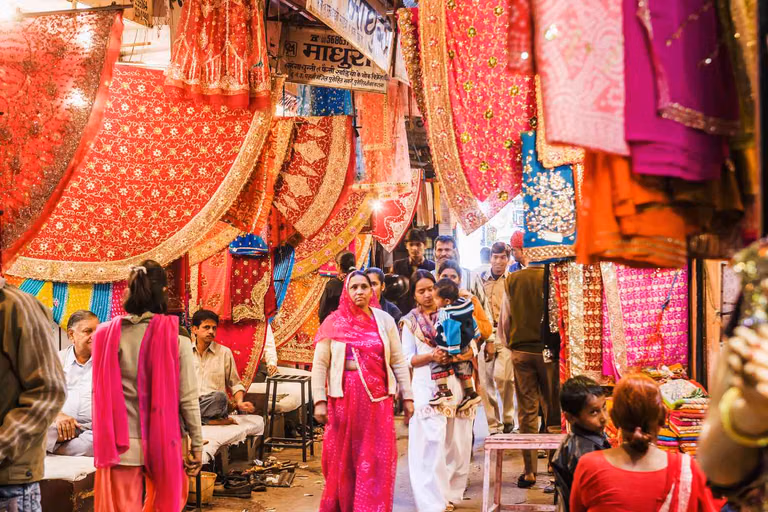 Colorful textiles and fabrics displayed at Rani no Hajiro