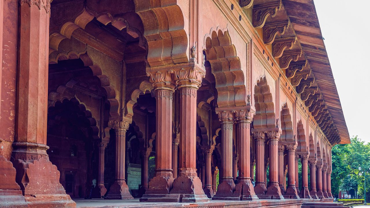Red Fort Delhi exterior showing magnificent red sandstone walls and Lahore Gate