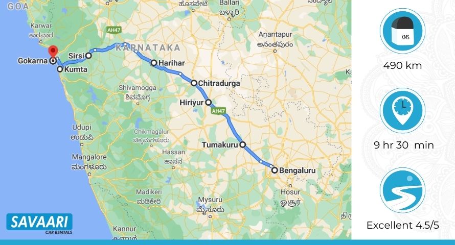 Road trip route overview from Bangalore to Gokarna with highway segments