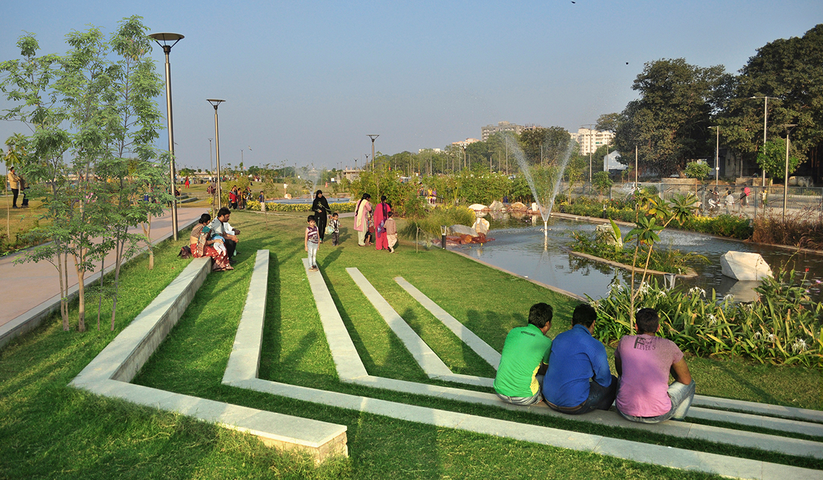 Children playing at the riverfront park