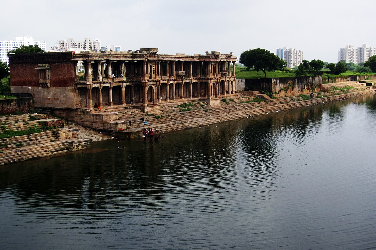 Reflection view of Sarkhej Roza tank and monuments
