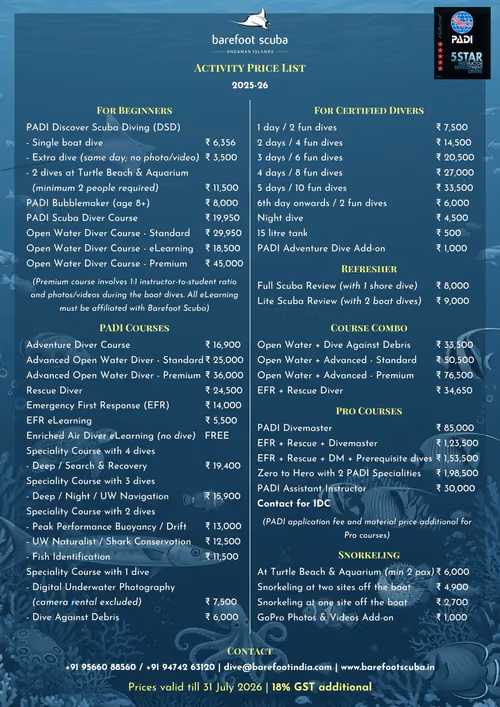 Scuba diving gear and planning sheet with Andaman pricing guide