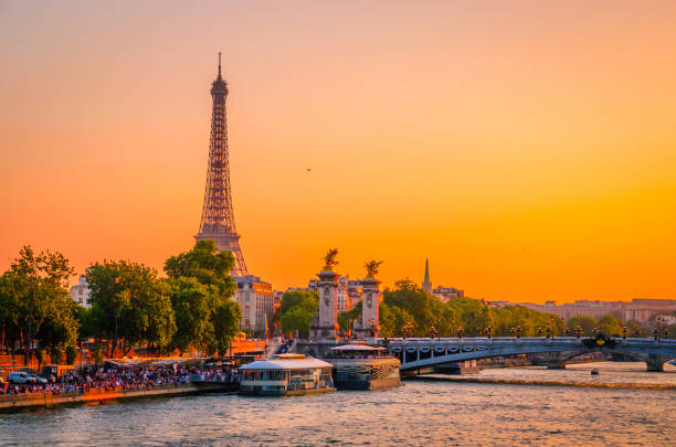 Sunset bridge frame during Seine cruise in Paris